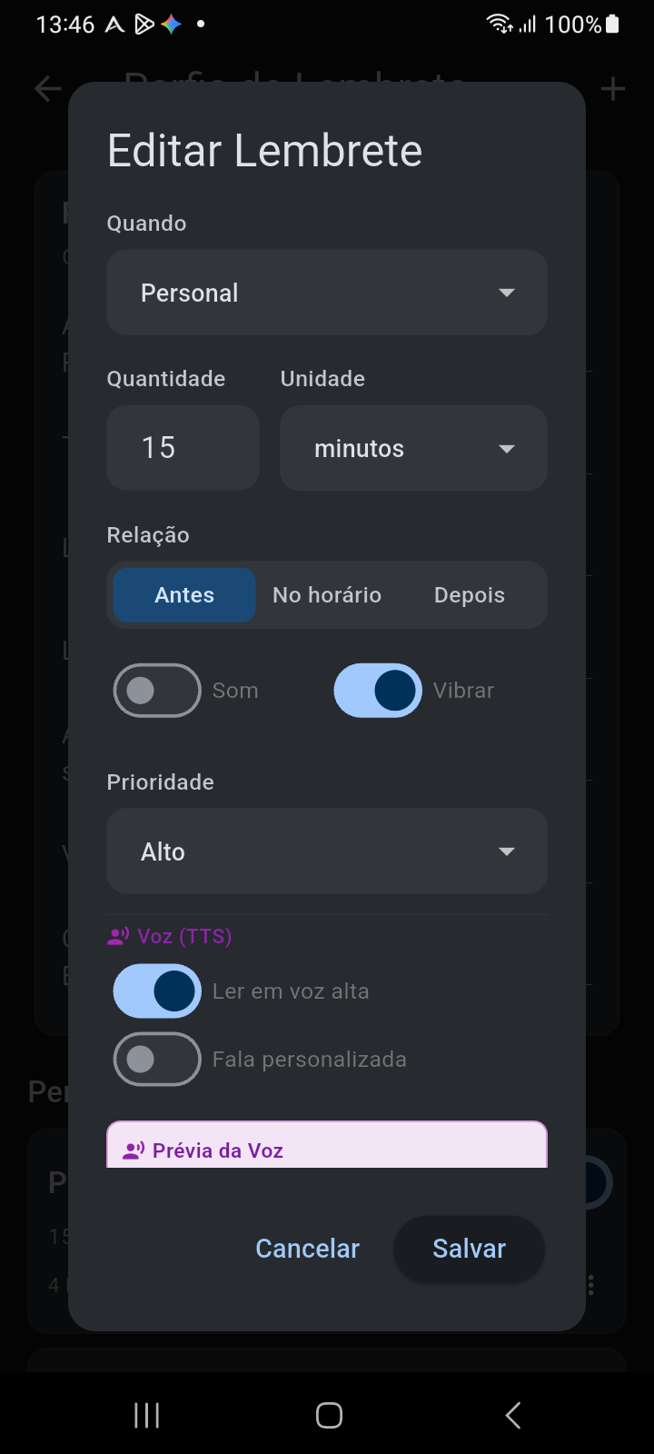 Caixa de diálogo de intervalo Editar Lembrete do Ancora exibindo quando, relação, som, vibração, prioridade e configurações de voz TTS
