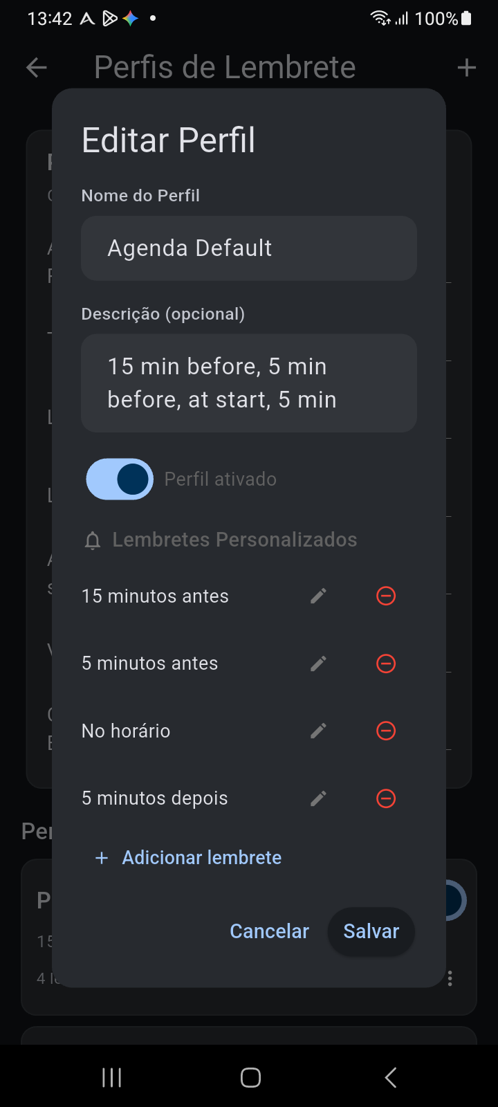 Caixa de diálogo Editar Perfil do Ancora exibindo nome, descrição, chave principal e lembretes personalizados encadeados