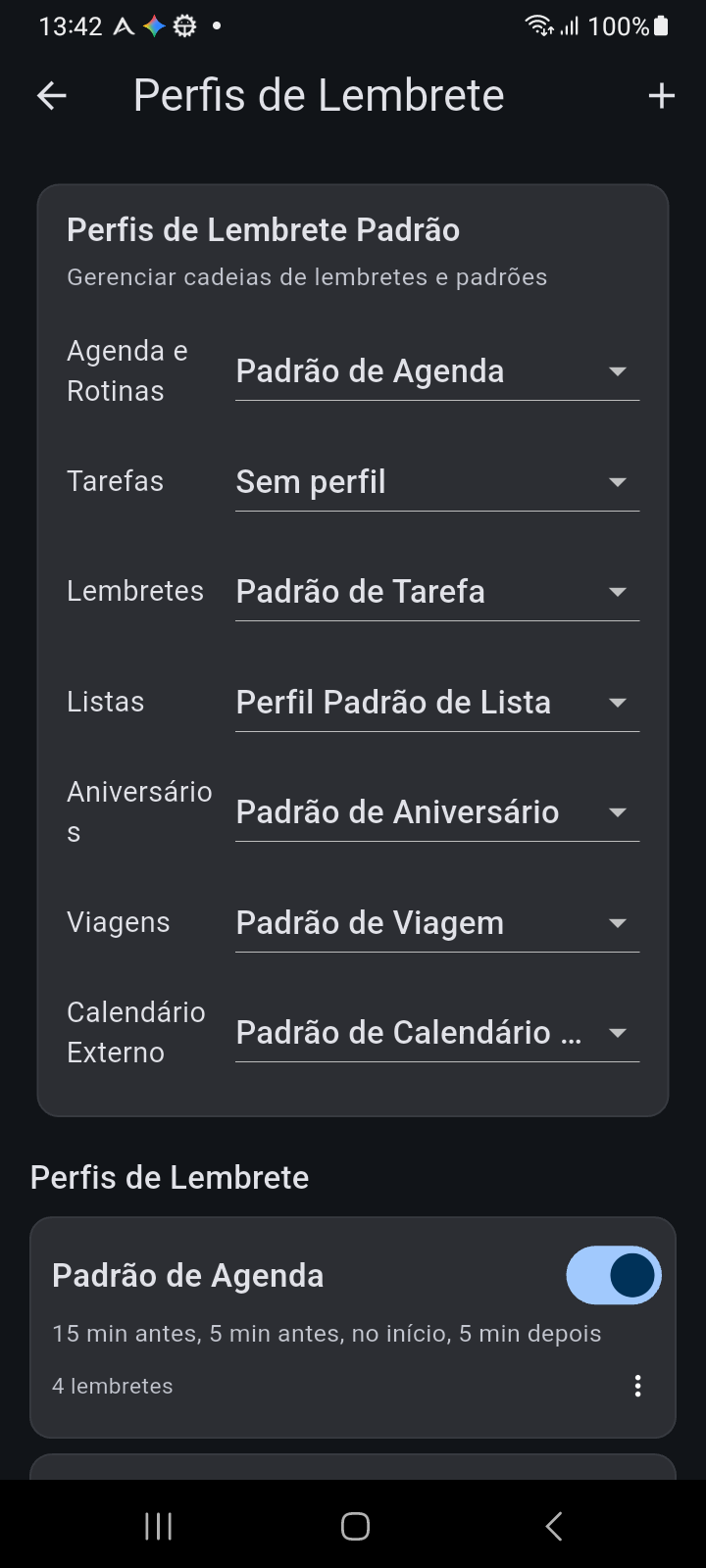 Tela de Perfis de Lembrete do Ancora exibindo atribuições de perfis padrão e cartões de perfis personalizados