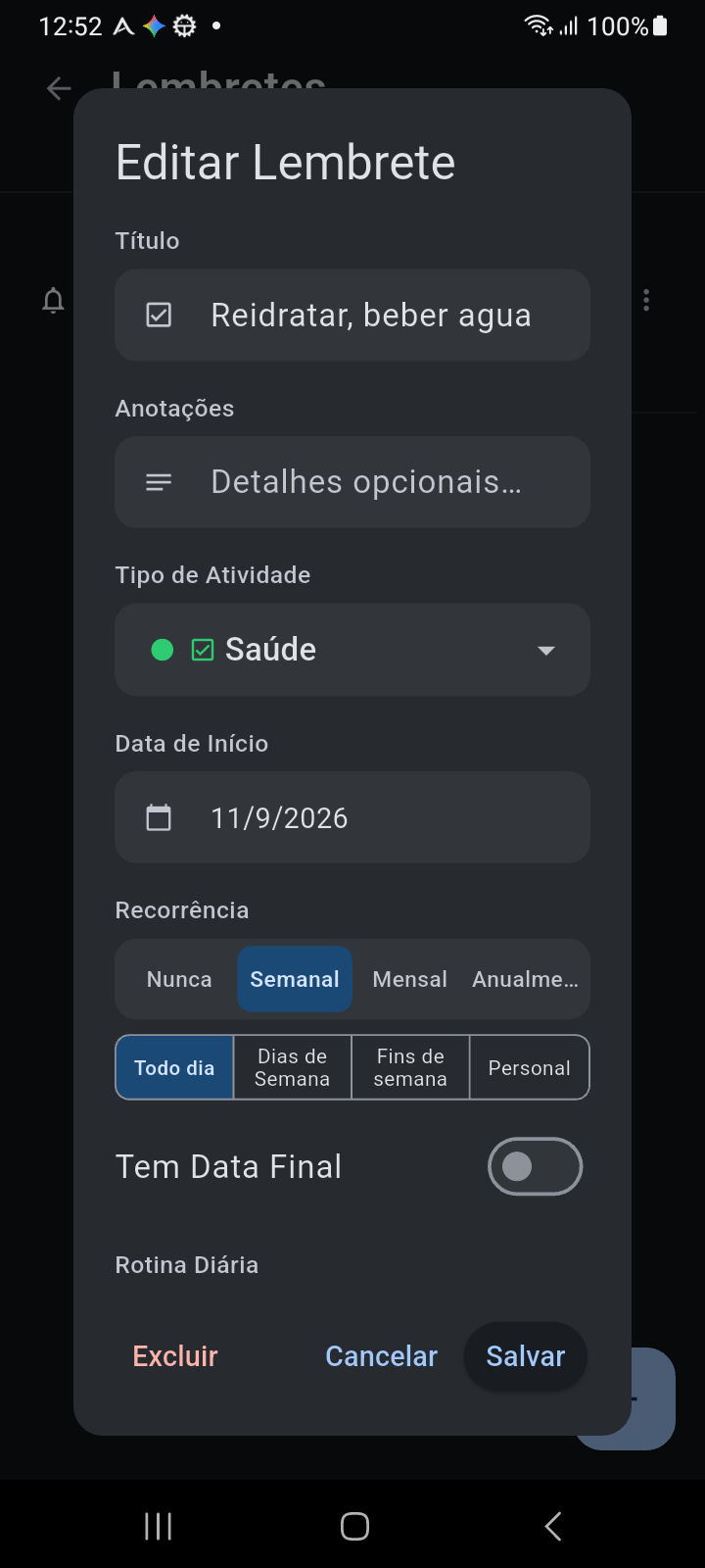 Caixa de diálogo Editar Lembrete do Ancora com título, tipo de atividade, regras de recorrência e programação