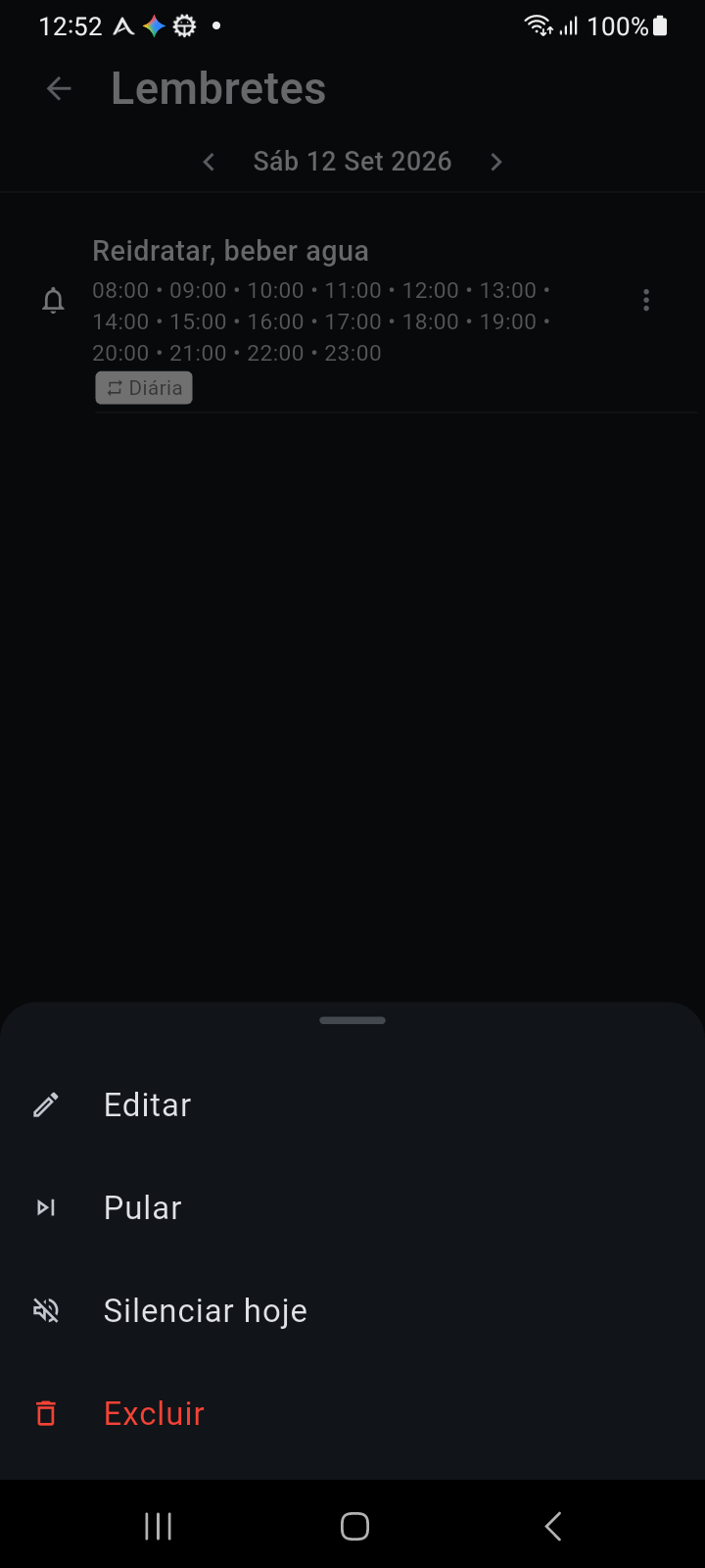 Menu de ações inferior de Lembretes do Ancora mostrando opções Editar, Pular, Silenciar hoje e Excluir