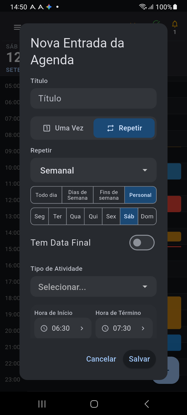 Caixa de diálogo Nova Entrada na Agenda do Ancora com Repetido selecionado, frequência de recorrência e chips de dias da semana