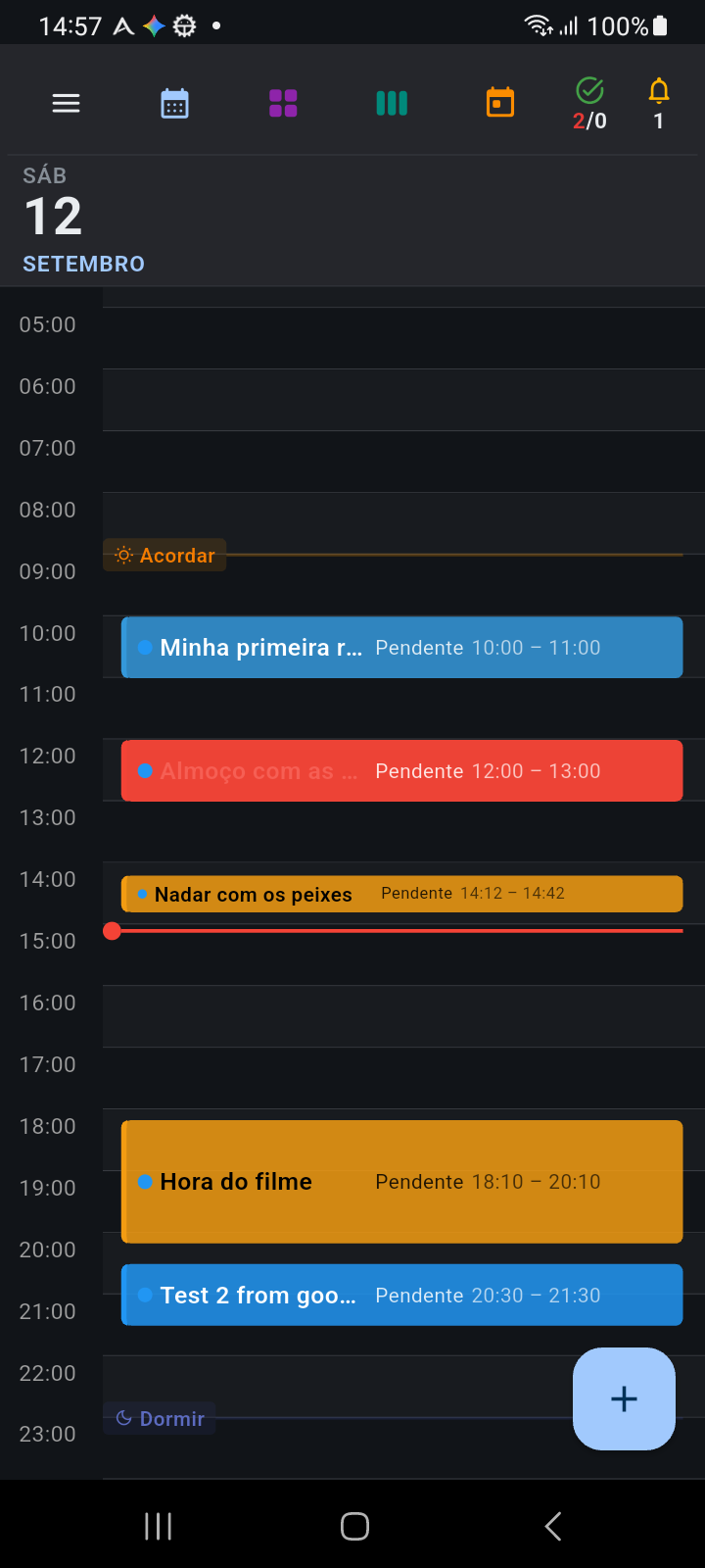 Calendário da Visualização Diária do Ancora mostrando blocos de rotina programados integrados perfeitamente ao lado de entradas avulsas da agenda