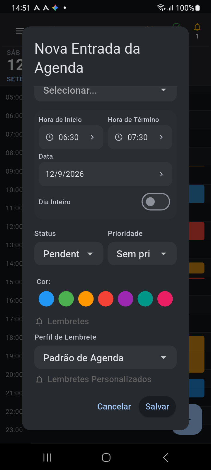 Detalhes do bloco de rotina do Ancora mostrando seleção do Tipo de Atividade, horários de Início e Fim, indicador de cor e atribuição de Perfil de Lembrete