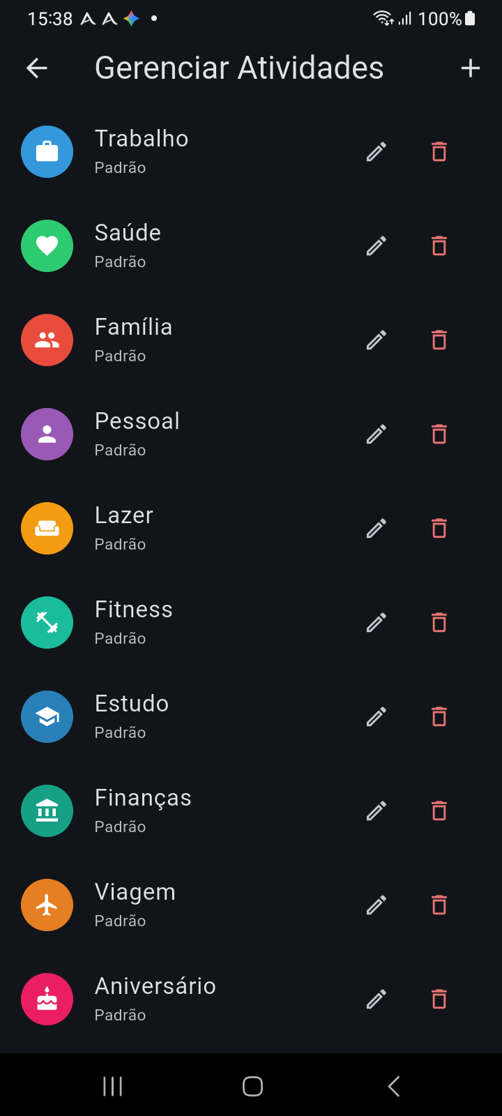 Tela Gerenciar Atividades do Ancora exibindo categorias personalizáveis, paletas de cores, ícones e perfis de lembrete vinculados