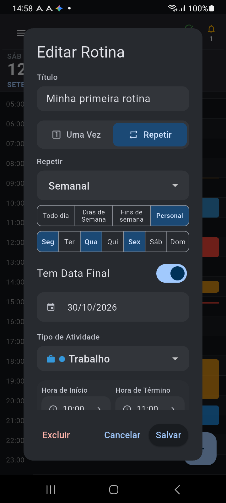 Caixa de diálogo Editar Rotina do Ancora exibindo regras de recorrência ativas, horários agendados, categoria de atividade e botões de ação
