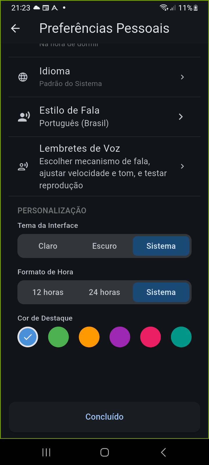 Secção Personalização apresentando o controlo segmentado Tema da Interface, o seletor Formato da Hora e os círculos da paleta Cores de Destaque