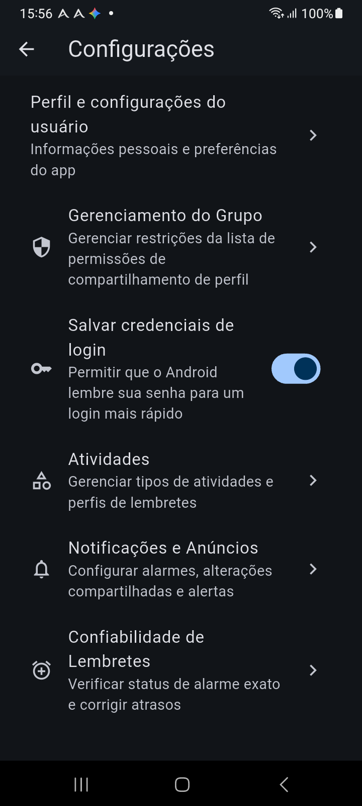 Tela de Configurações exibindo o interruptor Salvar credenciais de login, e blocos de Atividades, Notificações e Confiabilidade dos Lembretes