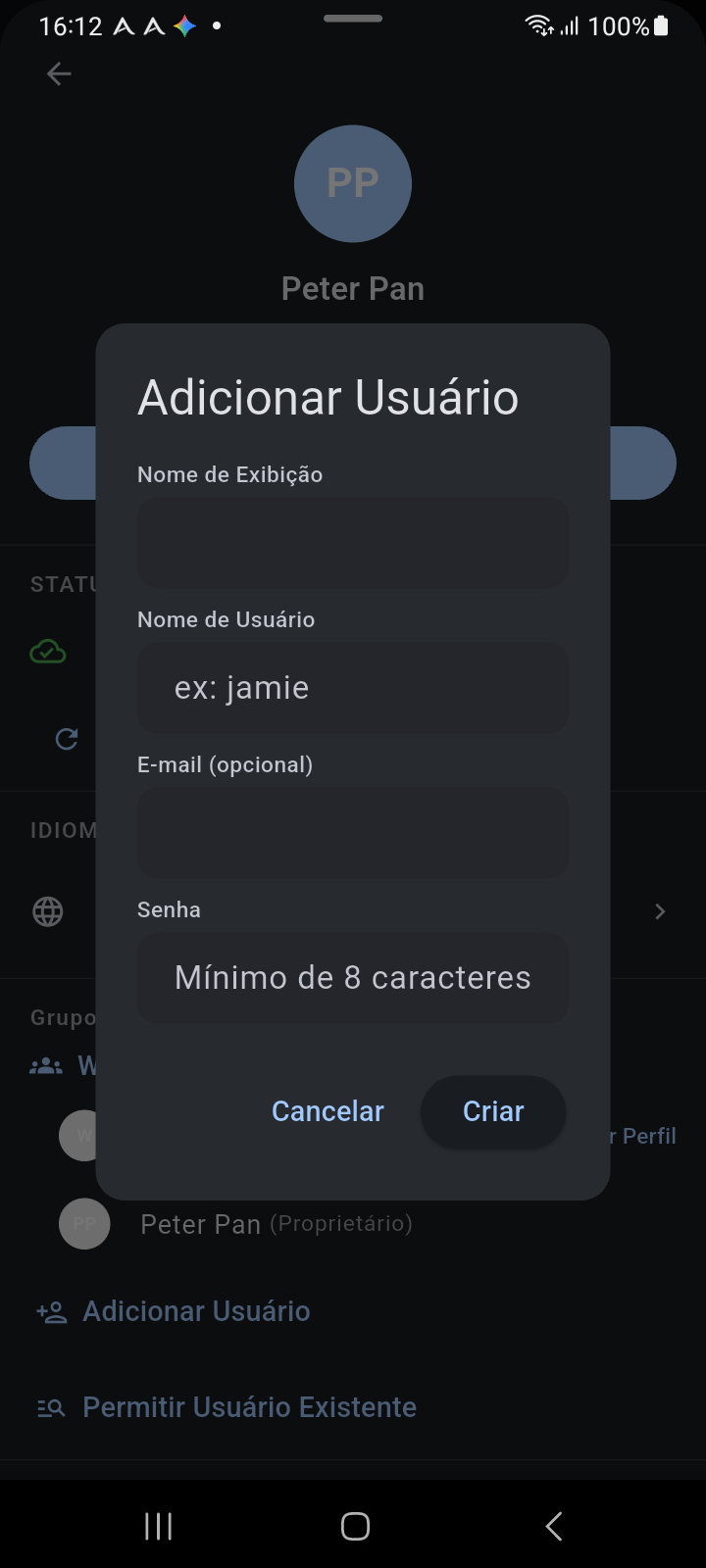 Caixa de diálogo modal Adicionar Utilizador para aprovisionar um membro dependente do agregado familiar