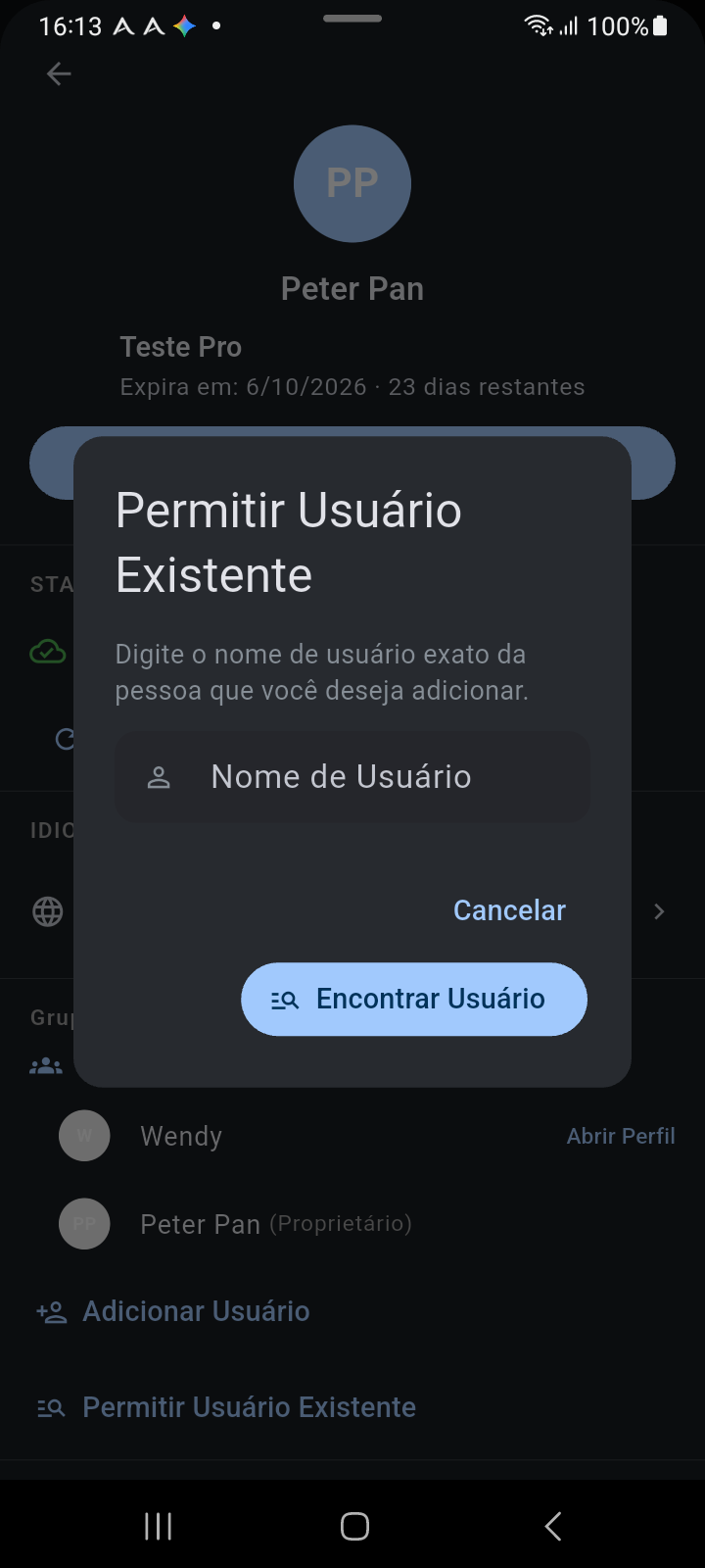 Caixa de diálogo modal Permitir Utilizador Existente para convidar utilizadores registados pelo nome de utilizador exato