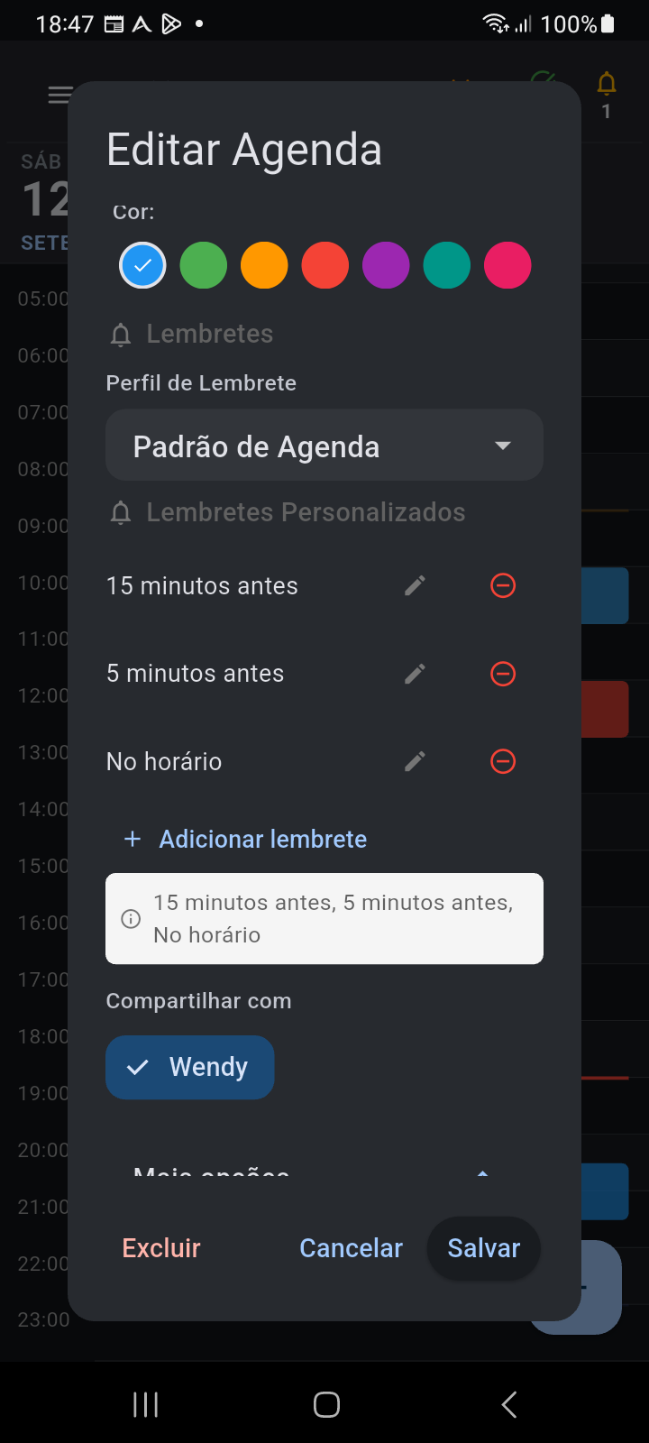 Caixa de diálogo Editar Agenda mostrando a secção Partilhar com o chip de Wendy selecionado