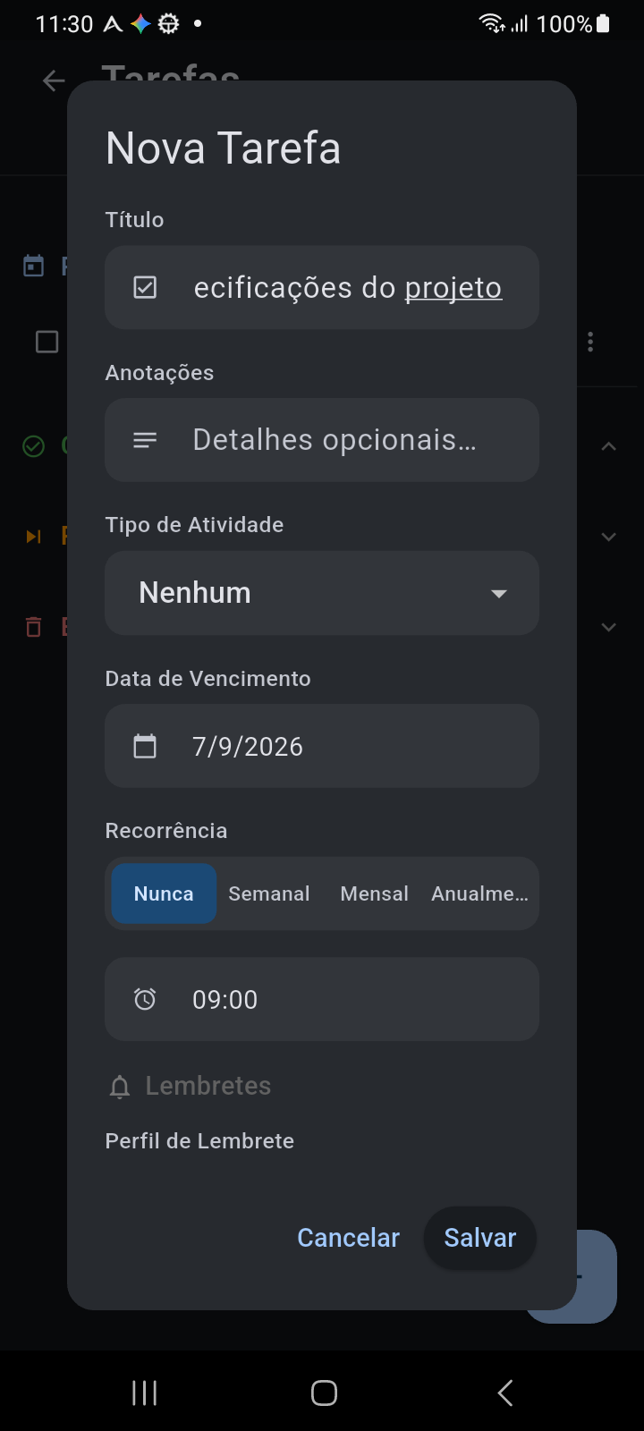 Janela de Criação de Nova Tarefa do Ancora