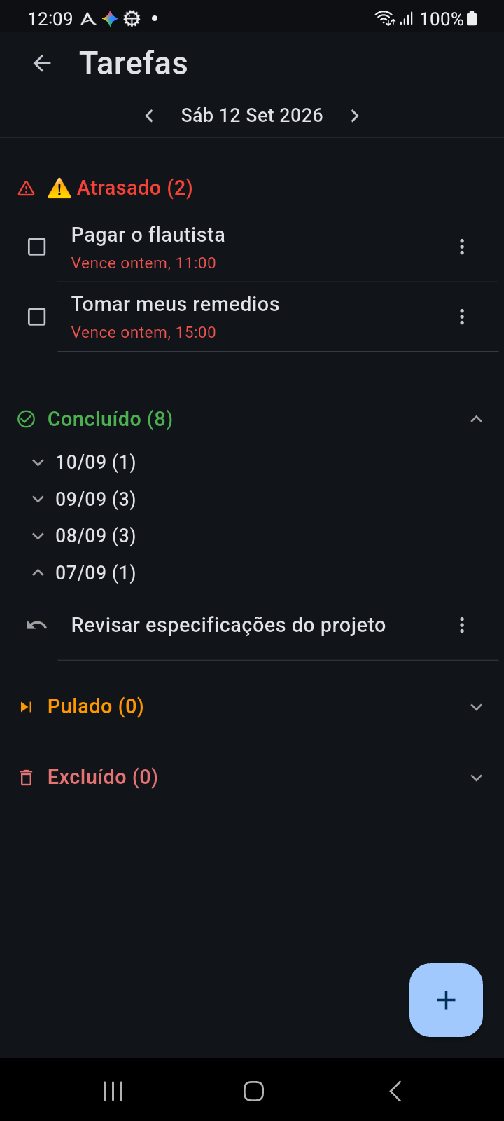 Gerenciador de Tarefas do Ancora exibindo seção Atrasadas e seção Concluídas com agrupamentos aninhados de data e ação desfazer