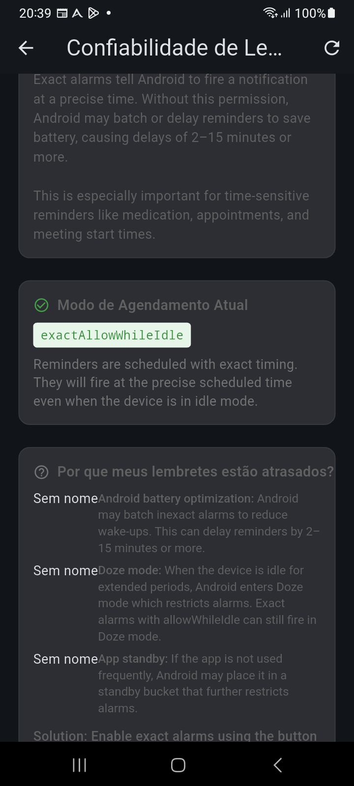 Cartão de diagnóstico da Confiabilidade dos Lembretes explicando otimização de bateria, modo Doze e grupos de espera de apps