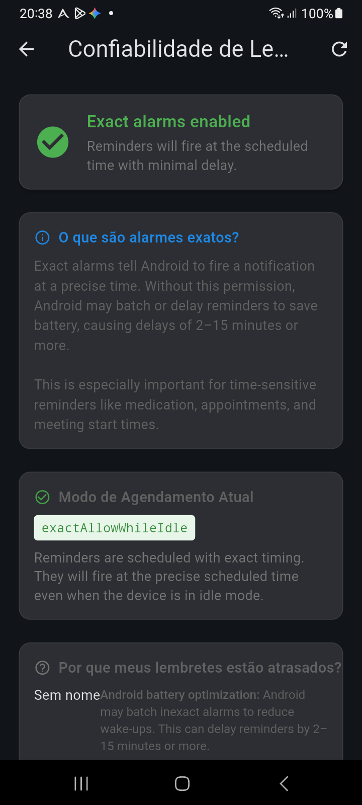 Tela Confiabilidade dos Lembretes exibindo cartão de status Alarmes exatos ativados e Modo de Agendamento Atual
