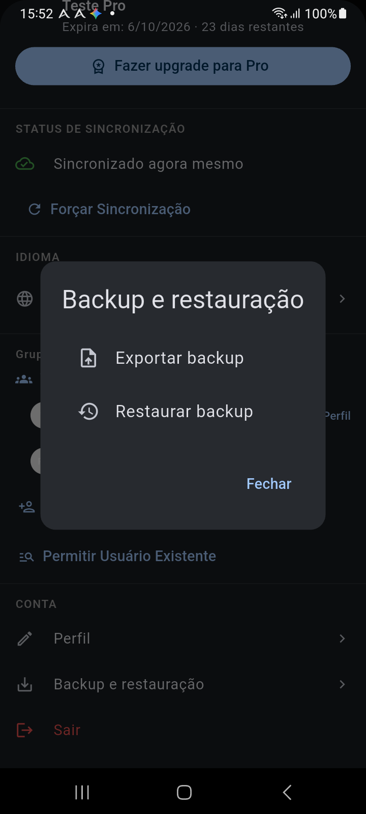 Janela modal de Backup e Restauração mostrando opções de Exportar backup e Restaurar backup para recuperação de desastres