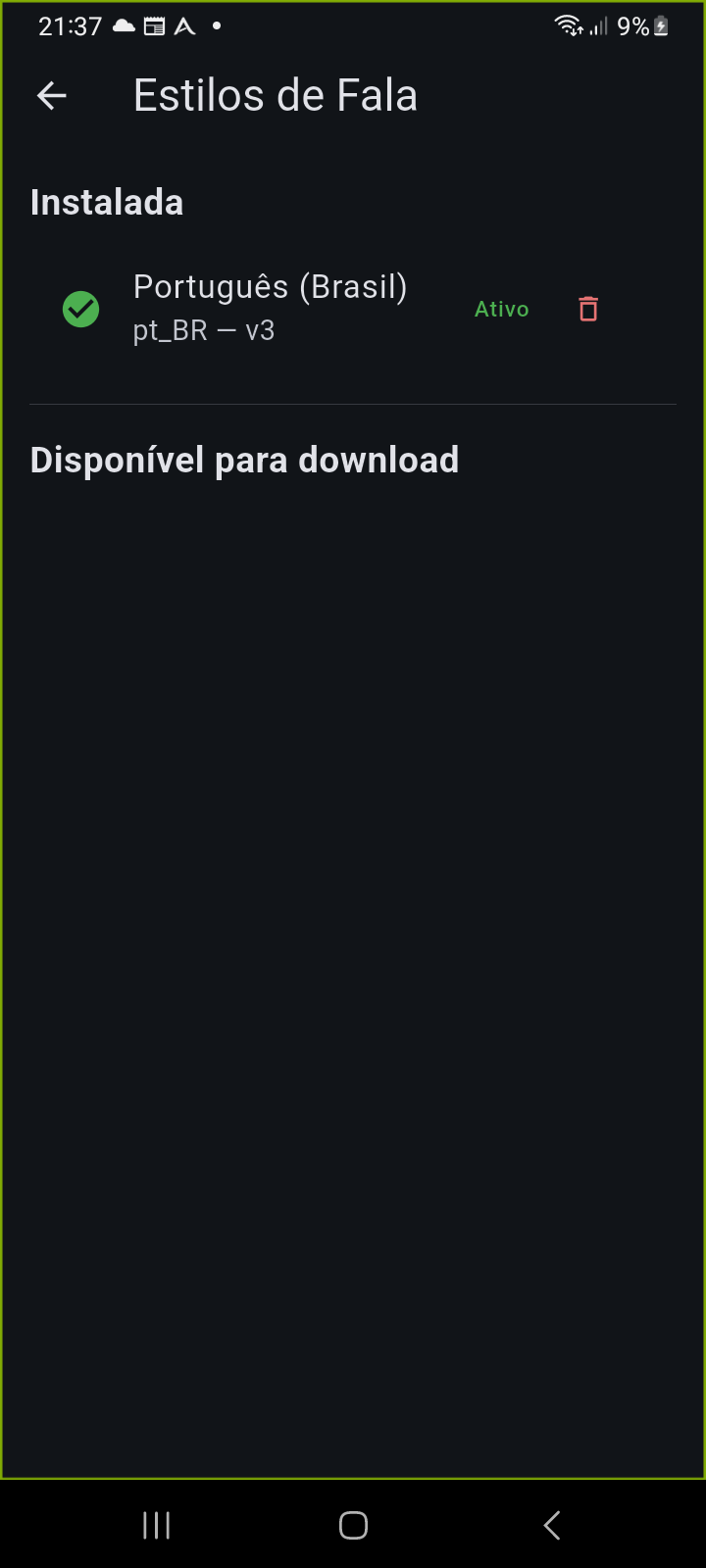 Catálogo de Estilos de Fala exibindo o pacote de voz ativo instalado e o catálogo de downloads disponíveis