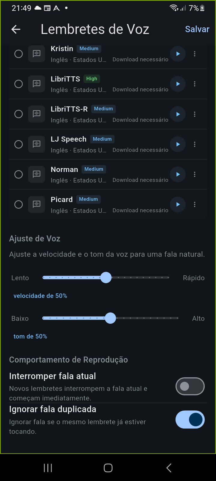 Configurações de Comportamento de Reprodução mostrando opções de interromper fala atual e ignorar fala duplicada