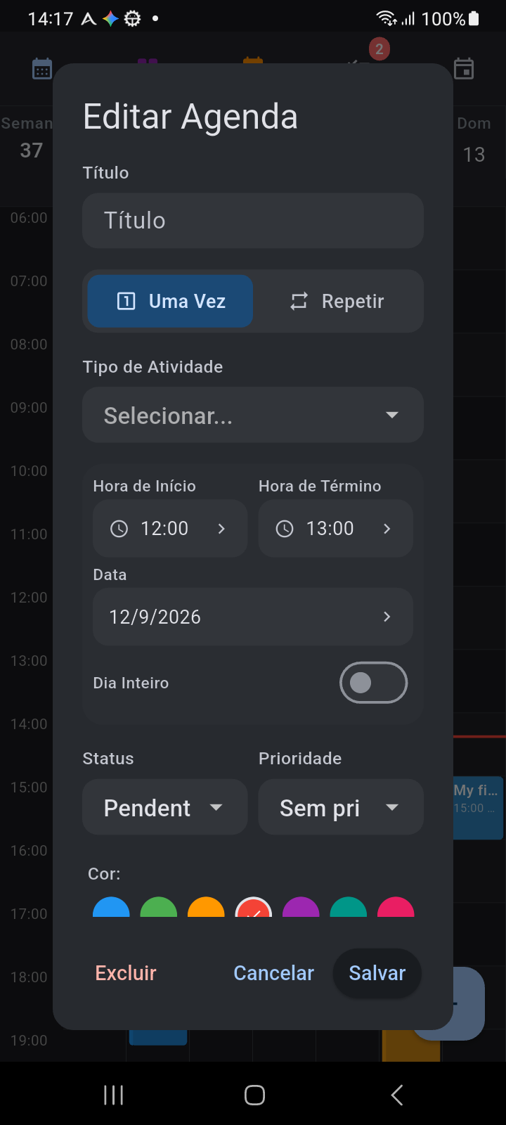 Caixa de diálogo Editar Agenda aberta a partir da Visualização Semanal